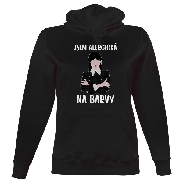 Dámská mikina s kapucí s potiskem Addams - Jsem alergická na barvy