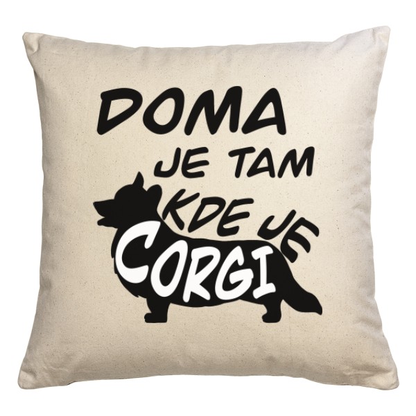 Polštář bavlněný  s potiskem Doma s Corgi