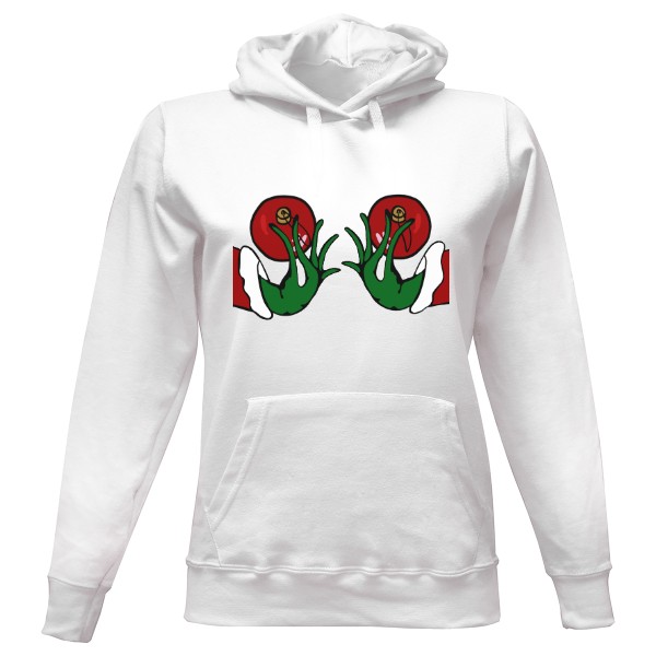 Dámská mikina s kapucí s potiskem Grinch a vánoční baňky