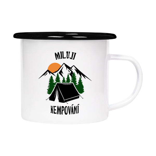 Plecháček - smaltový lem s potiskem Hrnek miluji kempování