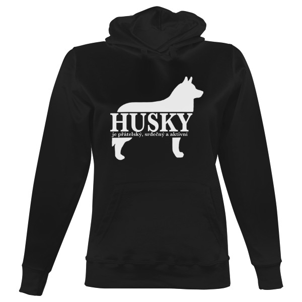 Dámská mikina s kapucí s potiskem Husky popis - bílé