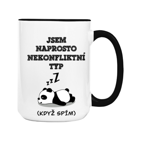 Hrnek velký barevný s potiskem Jsem nekonfliktní - když spím na hrnku